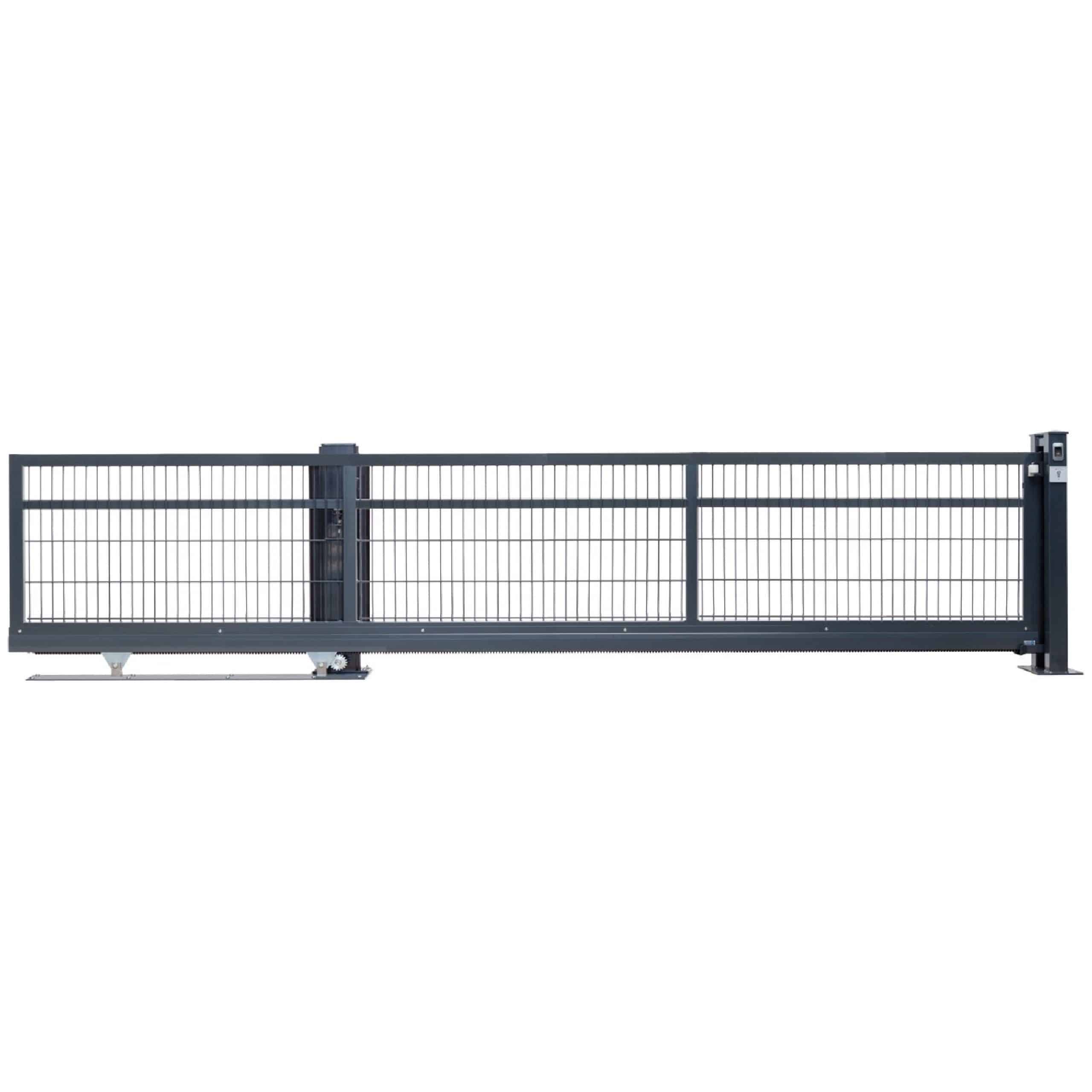 Skydeport "LIGHT" skydeporten fås i længder fra 3 til 4,5 meter og er velegnet til både privat og industriel brug. Lavet af mørkt metal med lodrette og vandrette stænger, denne store, moderne port kombinerer sikkerhed med æstetik. Den har et minimalistisk, funktionelt design med en industriel charme og er installeret ved hjælp af en glidemekanisme udstyret med hjul i bunden og en automatiseret stolpe på den ene side.