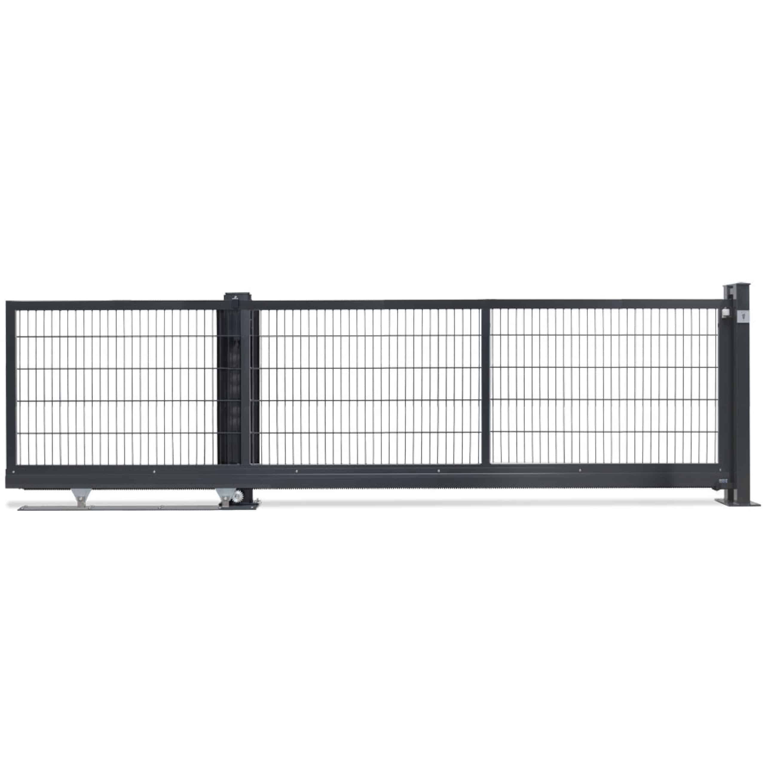 En stor sort Skydeport "MORITS" 2D Panel hegn 6/5/6 MM sikkerhedsport lavet af metalstænger og en robust ramme. Lågen har hjul på bunden for nem glidning og er designet til industriel eller kommerciel brug. Det er installeret på en betonoverflade.