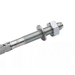 Forankringsskrue B10 / 90mm er en metalbetonankerbolt, der leveres med en sekskantmøtrik og skive påsat. Den har et gevindskaft og en ekspansionsmekanisme i enden til sikker installation i beton- eller murværksoverflader. Bolten har en samlet sølvfarve og måler 90 mm i længden.
