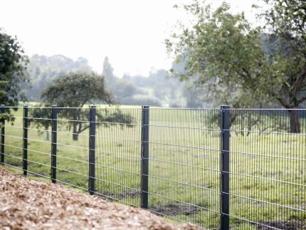 Et Panelhegn 2D EXTREME 8/6/8 mm metaltrådshegn står på en mark med grønt græs og spredte træer i baggrunden. Himlen er overskyet, og træspåner er synlige i forgrunden, hvilket tyder på naturlige eller landbrugsmæssige omgivelser.