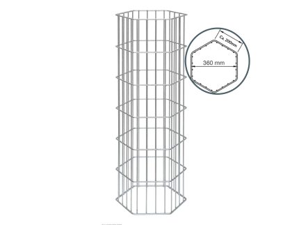 Et højt, sekskantet trådbur lavet af metal med en detaljeret indsats, der viser en af dens femsidede dimensioner, der måler 360 mm og en anden dimension markeret cirka 200 mm. Gabionhegn Panelhegn "ONYX" 2D OVERFL.Behandl har flere vandrette og lodrette stænger.