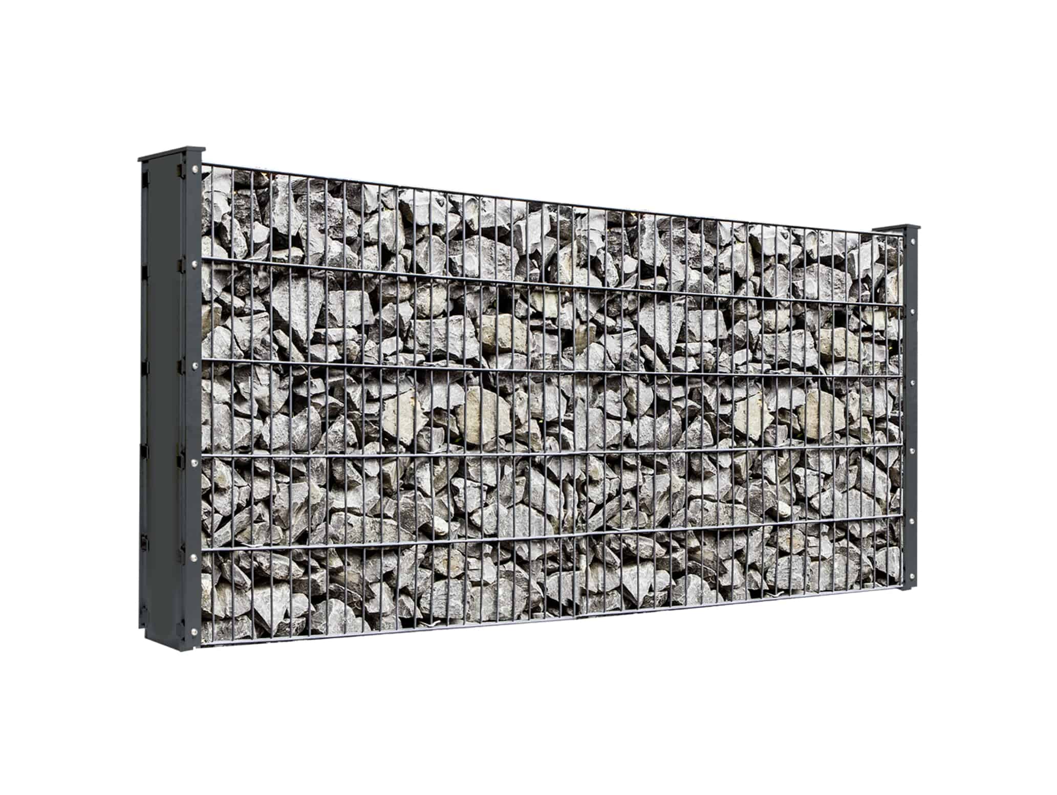 En rektangulær Gabionhegn - Panelhegn "SOUTH" 2D OVERFL.Behandl? fyldt med uregelmæssigt formede grå og hvide sten. Gabionen er arrangeret i en robust, modulær konfiguration, set på en almindelig hvid baggrund.