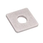 En sølv Holdeplade med hul - Rustfrit stål, med en firkantet form og et cirkulært hul i midten. Denne spændeskive, lavet af rustfrit stål, har et enkelt, fladt design med en glat overflade og vises på en hvid baggrund.