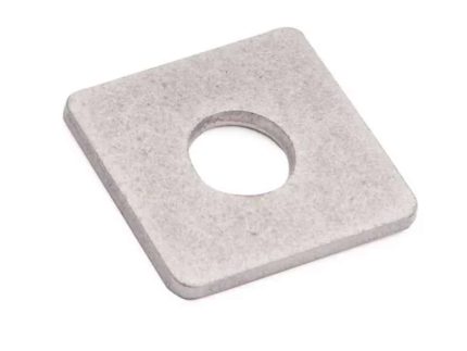 En sølv Holdeplade med hul - Rustfrit stål, med en firkantet form og et cirkulært hul i midten. Denne spændeskive, lavet af rustfrit stål, har et enkelt, fladt design med en glat overflade og vises på en hvid baggrund.