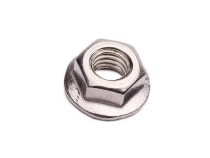 Nærbillede af en Låsemøtrik med Flange M6 - DIN 6923 Rustfri A2, der viser dens gevindforsynede inderring og flade, brede base designet til at fordele trykket over en overflade. Låsemøtrik har en skinnende, glat finish.