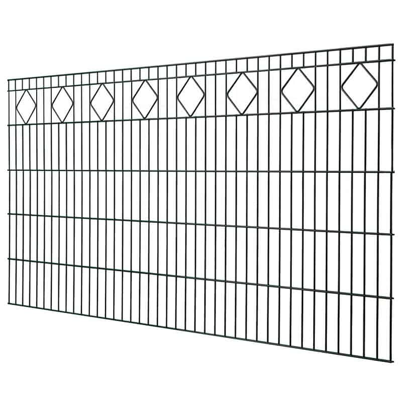 Panel hegn med mønster "Valencia" 6/5/6mm sort smedejernshegn har lodrette stænger og dekorative diamantformer langs den øverste sektion. Det indbyggede mønster tilbyder et enkelt, men elegant design, hvilket gør dette panel Hegn til et sofistikeret valg til ethvert rum.