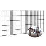 Et Panelhegn 2D EXTREME 8/6/8 mm, eller sort trådhegn, med et nærbillede, der fremhæver de detaljerede skæringspunkter for 8 mm ledningerne, markeret med numrene 6 og 8. Panelet er konstrueret med lodrette og vandrette ledninger at danne et nøjagtigt gittermønster.