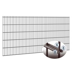 Et Panelhegn 2D EXTREME 8/6/8 mm, eller sort trådhegn, med et nærbillede, der fremhæver de detaljerede skæringspunkter for 8 mm ledningerne, markeret med numrene 6 og 8. Panelet er konstrueret med lodrette og vandrette ledninger at danne et nøjagtigt gittermønster.