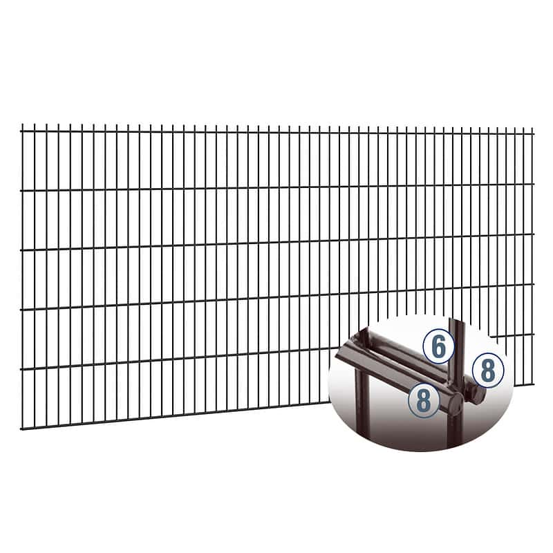 Et Panelhegn 2D EXTREME 8/6/8 mm, eller sort trådhegn, med et nærbillede, der fremhæver de detaljerede skæringspunkter for 8 mm ledningerne, markeret med numrene 6 og 8. Panelet er konstrueret med lodrette og vandrette ledninger at danne et nøjagtigt gittermønster.