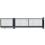 Skydeport "Barcelona" 2D Panel hegn med mønster er en sort metal skydeport prydet med et dekorativt mønster af små diamantformer langs den øverste sektion. Den er monteret på en glidemekanisme med hjul og har støttestolper i begge ender. Designet udstråler modernitet og slank elegance, der afspejler Barcelonas ynde, hvilket gør det ideelt til både bolig- og erhvervsbrug.