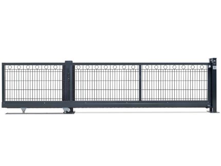 Skydeport "Barcelona" 2D Panel hegn med mønster er en sort metal skydeport prydet med et dekorativt mønster af små diamantformer langs den øverste sektion. Den er monteret på en glidemekanisme med hjul og har støttestolper i begge ender. Designet udstråler modernitet og slank elegance, der afspejler Barcelonas ynde, hvilket gør det ideelt til både bolig- og erhvervsbrug.