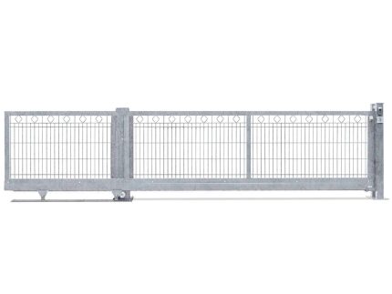 Vi præsenterer Skydeport "Barcelona" 2D Panel hegn med mønster, en sølvskyde-metalport med et enkelt rektangulært mønster og dekorative hjerteformede designs langs toppen. Denne port, der minder om Barcelonas elegante jernværk, er monteret på et spor og understøttet af en solid ramme, hvilket gør den ideel til både bolig- og erhvervsejendomme.