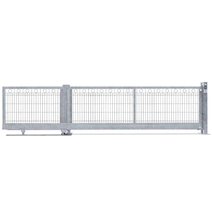 Vi præsenterer Skydeport "Barcelona" 2D Panel hegn med mønster, en sølvskyde-metalport med et enkelt rektangulært mønster og dekorative hjerteformede designs langs toppen. Denne port, der minder om Barcelonas elegante jernværk, er monteret på et spor og understøttet af en solid ramme, hvilket gør den ideel til både bolig- og erhvervsejendomme.