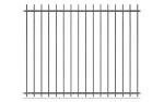 Baluster Hegn Pulverlakeret Antracit Metal-panelet inkluderer lodrette stænger og et baluster-lignende design. Det enkle, jævnt fordelte hegn har vandrette stænger øverst og nederst til støtte, alt sammen sat mod en hvid baggrund.