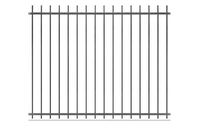 Baluster Hegn Pulverlakeret Antracit Metal-panelet inkluderer lodrette stænger og et baluster-lignende design. Det enkle, jævnt fordelte hegn har vandrette stænger øverst og nederst til støtte, alt sammen sat mod en hvid baggrund.