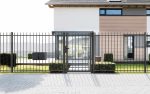 Et moderne hus med en kombination af hvid- og træpaneler kan prale af store vinduer og frodige grønne plæner. På tværs af fronten er der et Baluster Hegn Pulverlakeret Antracit Metal hegn komplet med lodrette stænger, stålstolper og beslag, der giver en slank grænse. Firkantede buske flankerer begge sider af porten for ekstra elegance.