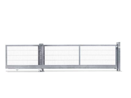 En minimalistisk skydeport skydeport i industriel stil lavet af metal, med et gitterlignende mønster med lodrette og vandrette stænger. Monteret på en robust metalramme er 2D Panelfyld-porten delvist åben, hvilket indikerer, at den kan glide til siden. Fod og rækværk er synligt.