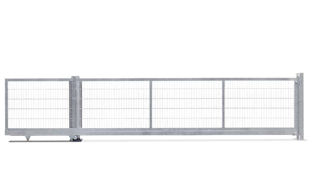 En lang, sølvfarvet metalskydeport med lodrette stænger og gennemsigtige mesh-paneler, identificeret som V-Star EXTREME, er vist helt lukket. Lågen er på en hvid baggrund og har en hjulmekanisme i bunden, så den let kan åbnes og lukkes.