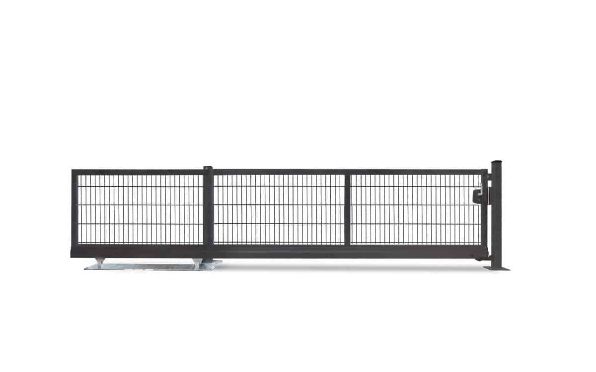 En V-Star EXTREME sort metalskydeport med lodrette og vandrette stænger er monteret på en robust metalbund. Lågen, som er delvist åben, har en låsemekanisme på højre side. Baggrunden er almindelig hvid.