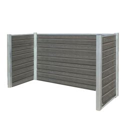 Komposit skraldespandsskjul - inkl. stålstolper, stolpehat, top & bund skinner i stål er en fritstående privatskærm lavet af vandrette mørkegrå træplanker med metalstolper i hjørnerne, der danner en tresidet struktur. Stålstolperen giver en robust støtte, mens den forvitrede tekstur giver et rustikt udseende. Ideel til udendørs brug på dæk eller terrasser.