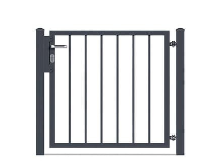 En simpel sort metal havelåge med lodrette stænger og en lås i venstre side. Porten er fastgjort til to støttestolper, en på hver side. Designet er minimalistisk og industrielt, velegnet til moderne udendørs omgivelser. Dens antracit farve tilføjer dens slanke udseende mod den almindelige hvide baggrund.