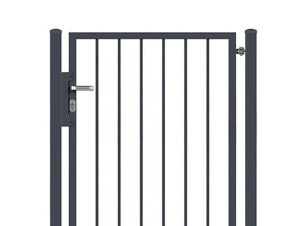 En sort metal Havelåge med lodrette stænger og en rektangulær ramme. Lågen, der har et håndtag og låsemekanisme i venstre side, er fastgjort til to robuste BALUSTER-stolper og har en Pulverlakeret antracit finish.