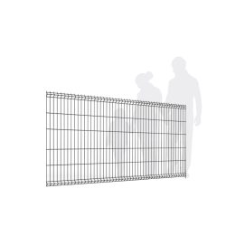 En Panelhegn 3D 4/4mm - Pulverlakeret Metal RAL 9005 Sort står i forgrunden med silhuetfigurerne af to personer, den ene lidt kortere end den anden, synlig i baggrunden. Den højere figur vender fremad, mens den kortere ser ud til at pege eller gestikulere. Baggrunden er hvid.