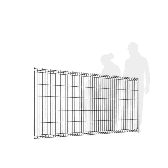 En Panelhegn 3D 4/4mm - Pulverlakeret Metal RAL 9005 Sort står i forgrunden med silhuetfigurerne af to personer, den ene lidt kortere end den anden, synlig i baggrunden. Den højere figur vender fremad, mens den kortere ser ud til at pege eller gestikulere. Baggrunden er hvid.