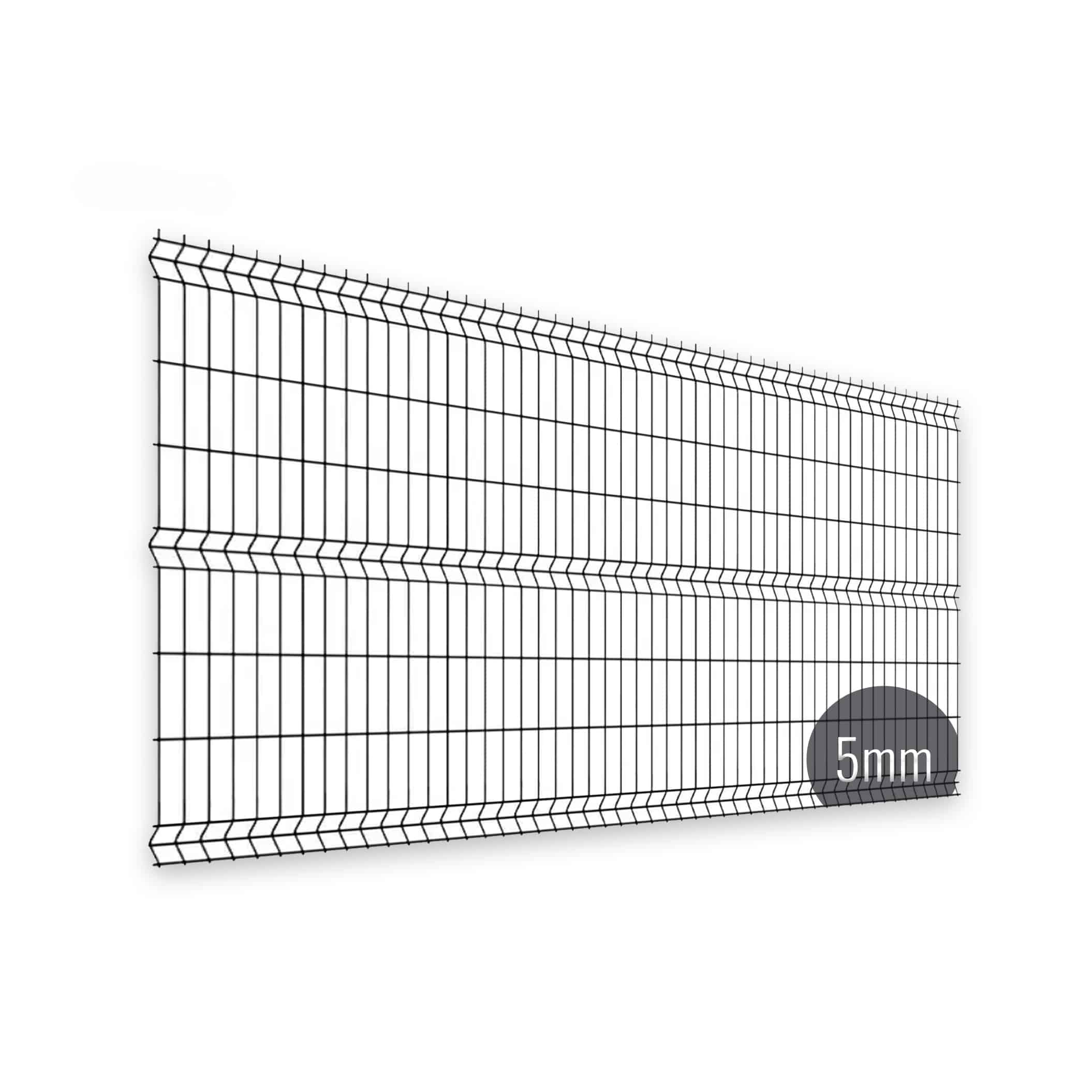 En 3D-illustration af et rektangulært trådhegn, mærket "Panelhegn 3D 5/5mm - HF PREMIUM Pulverlakeret Sort RAL 9005", der viser et gittermønster. Trådene danner kvadratiske og rektangulære former, hvor etiketten fremhæver tykkelsen af den sorte ledning i nederste højre hjørne. Baggrunden er hvid.