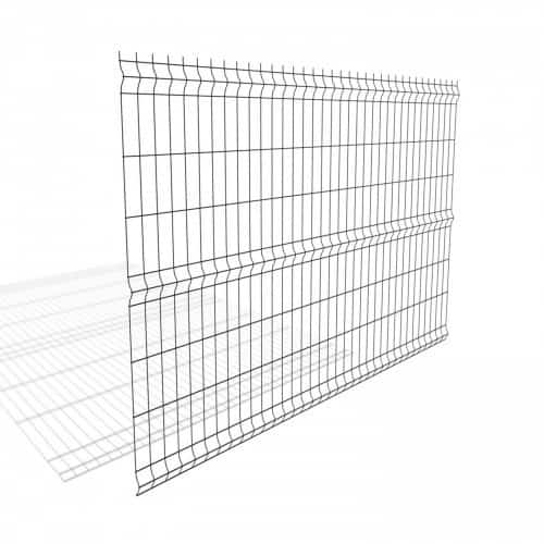 En del af et metaltrådshegn står på en hvid baggrund. Pulverlakeret Metal panelhegn, færdig i RAL 9005 Sort, består af lodrette og vandrette tråde svejset sammen, hvilket skaber et gittermønster. Der kastes skygger i venstre side af billedet, hvilket indikerer lys fra højre side.