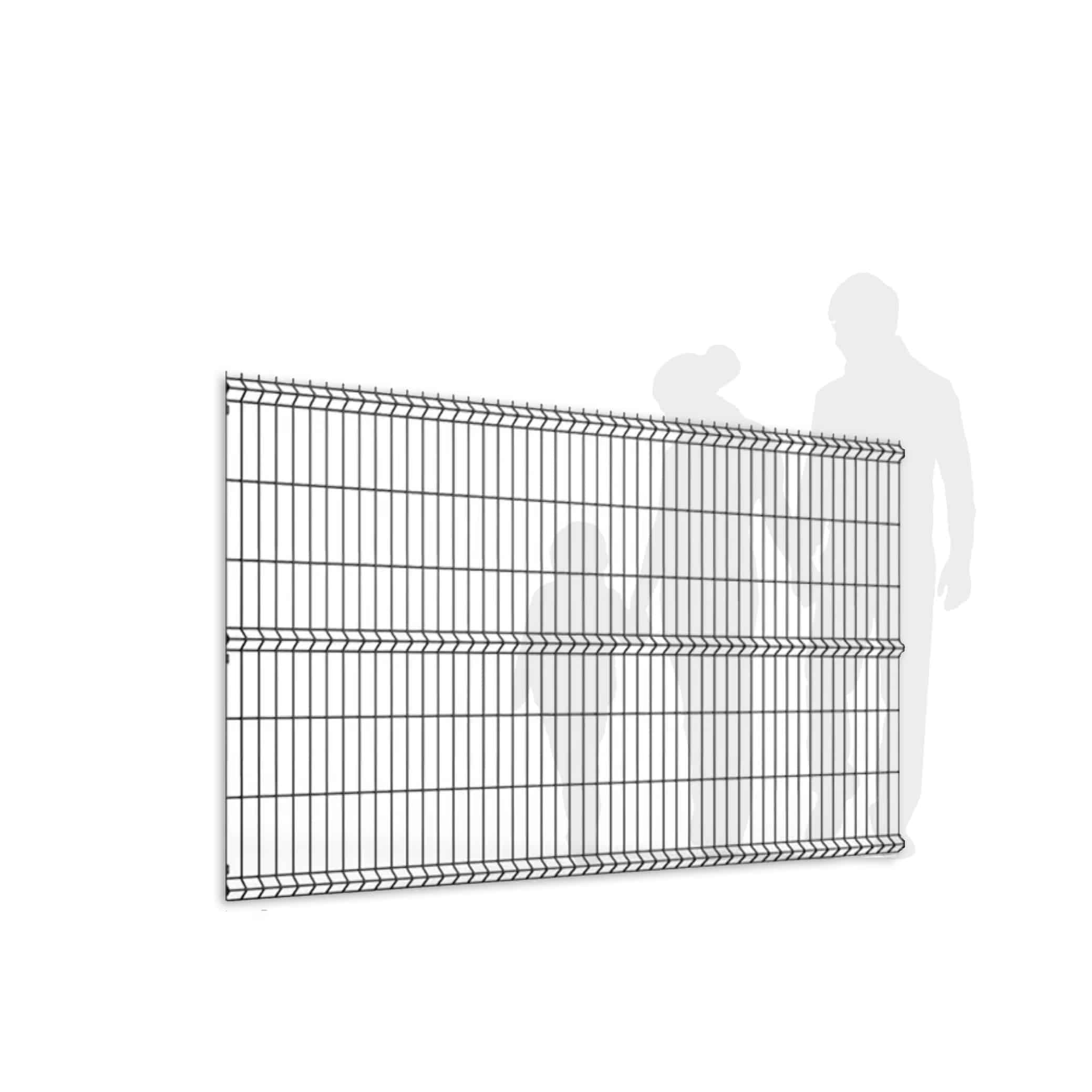 En sektion af pulverlakeret metalhegn, malet i RAL 9005 Sort, med et lodret og vandret gittermønster er afbildet i forgrunden. I baggrunden understreger silhuetterne af en person og hund skalaen og brugen af dette minimalistiske Panelhegn 3D-design.