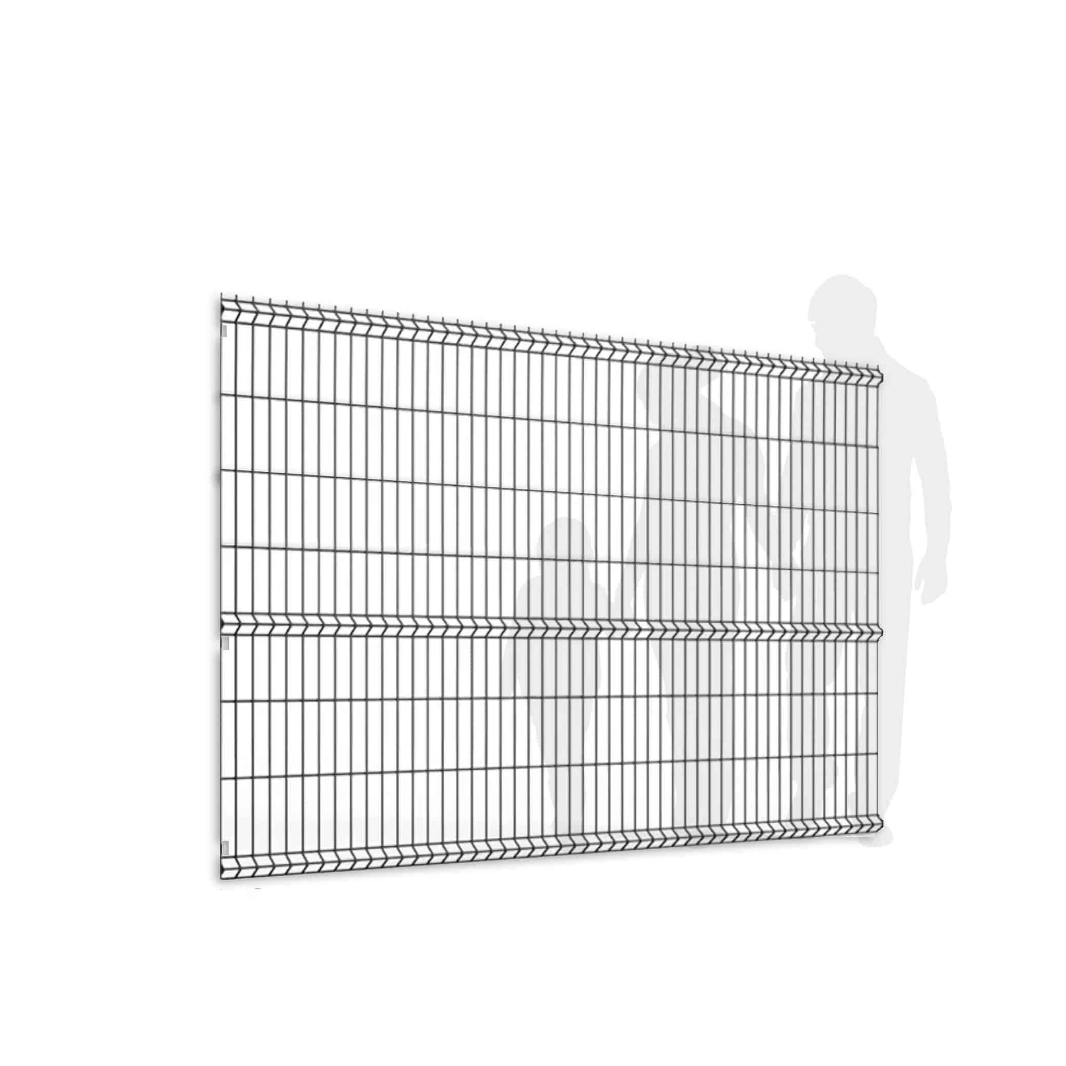 En stor Panelhegn står oprejst på en hvid baggrund, konstrueret af Pulverlakeret Metal i RAL 9005 Sort. Silhuetter af en person og en hund er synlige bag hegnet, hvilket indikerer den relative størrelse og højde af hegnet i forhold til dem.