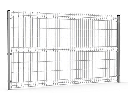 Billedet viser Panelhegn 3D 5/5mm - HF PREMIUM Pulverlakeret Sort RAL 9005, fastgjort mellem to lodrette metalstolper. Dette hegn har 5 mm vandrette og lodrette trådrækker, der danner et gittermønster, og præsenterer et rent, enkelt design med et solidt, stabilt udseende.