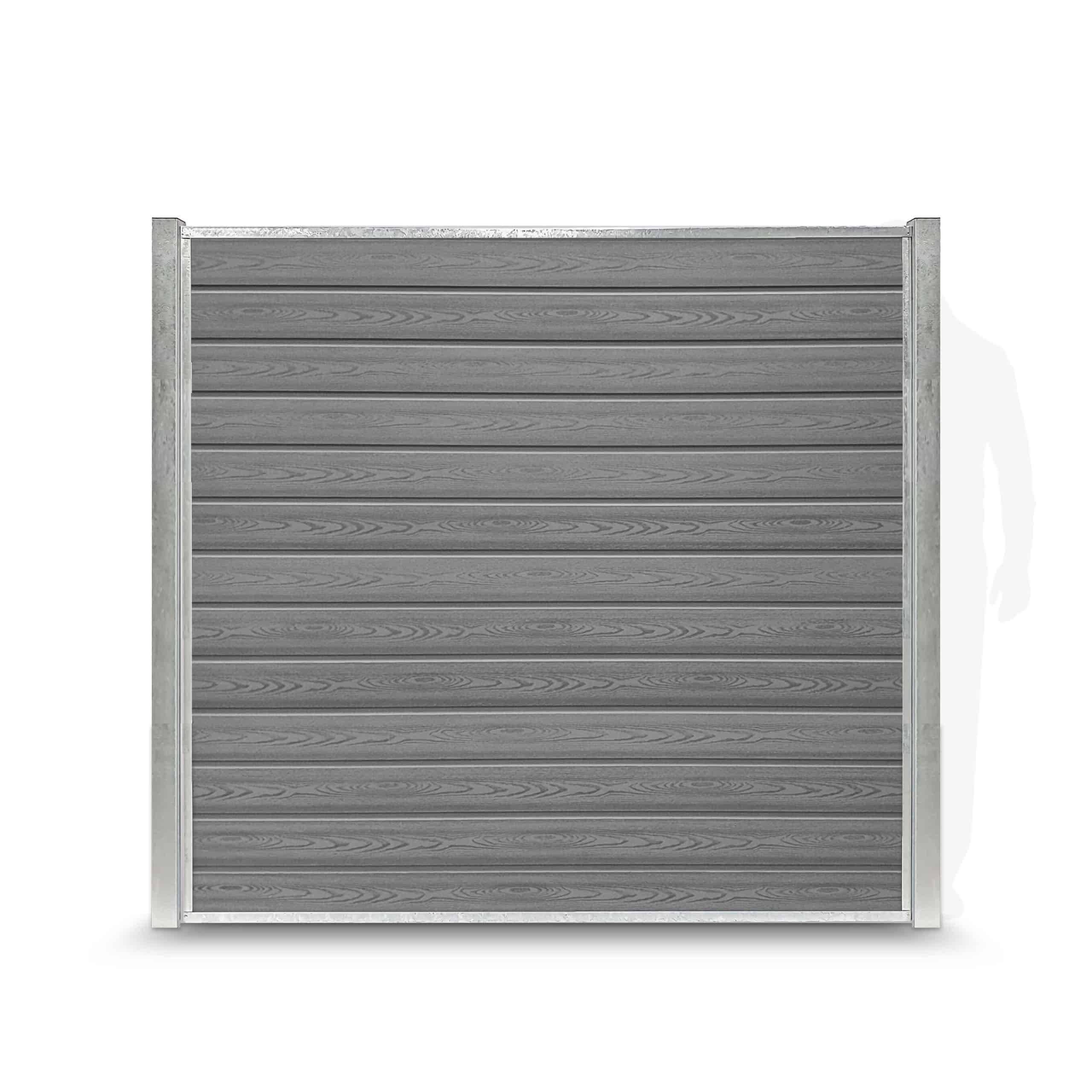 Et nærbillede af et gråt vandret lamelhegn med metalramme og galvaniseret stålstolper. Hegnet ser ud til at have en træstruktur og er jævnt fordelt, hvilket giver en moderne og slank æstetik.