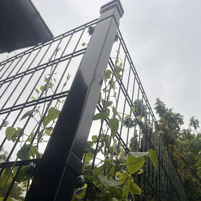 Nærbillede af en Stolpe Stål 60x40mm Pulverlakeret Sort RAL 9005 metalstolpe brugt i et sort hegn, med grønne klatreplanter og træer i baggrunden, taget fra en lav vinkel under en overskyet himmel.