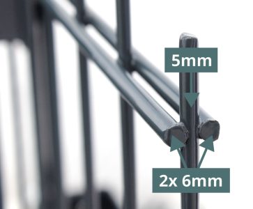 Nærbillede af en metalramme med to mærkede dimensioner: 5 mm bredde af en lodret stang og 2x 6 mm bredde af vandrette stænger på Panelhegn 2D STANDARD 6/5/6 mm. Grønne pile peger på de respektive mål på en sløret baggrund.