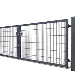 Dobbeltlåge »TREND«, komplet med Locinox-låsekasse, varmgalvaniseret med lodrette og vandrette stænger, monteret på en solid stolpe, set på en hvid baggrund.