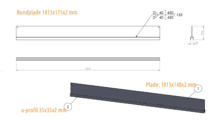 Teknisk tegning af en galvaniseret metalpladesamling. Hovedbilledet viser Bundplade Galvaniseret Stål, der måler 1815x175x35/2 mm. Der medfølger en separat plade, der måler 1815x140x2 mm. Derudover er der afbildet et U-profil med målene 35x35x2 mm. Mål og vinkler er angivet til montering.