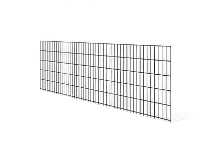 En enkelt sektion af et metaltrådshegn, specifikt en 2D STANDARD Panelhegn, er placeret i en vinkel mod en hvid baggrund. Panelet består af jævnt fordelte lodrette og vandrette ledninger, der danner et gittermønster.