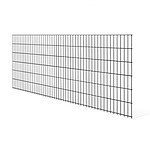 Et sort trådnet panelhegn med et rektangulært gittermønster står på en hvid baggrund. 2D STANDARD panelet, lavet af 6/5/6 mm ledninger, har jævnt fordelte vandrette og lodrette linjer, hvilket skaber dybde og perspektiv i dens lille vinkel.