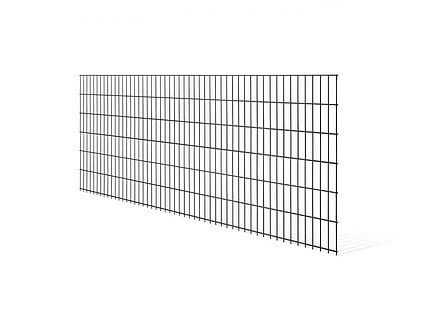 Et sort trådnet panelhegn med et rektangulært gittermønster står på en hvid baggrund. 2D STANDARD panelet, lavet af 6/5/6 mm ledninger, har jævnt fordelte vandrette og lodrette linjer, hvilket skaber dybde og perspektiv i dens lille vinkel.
