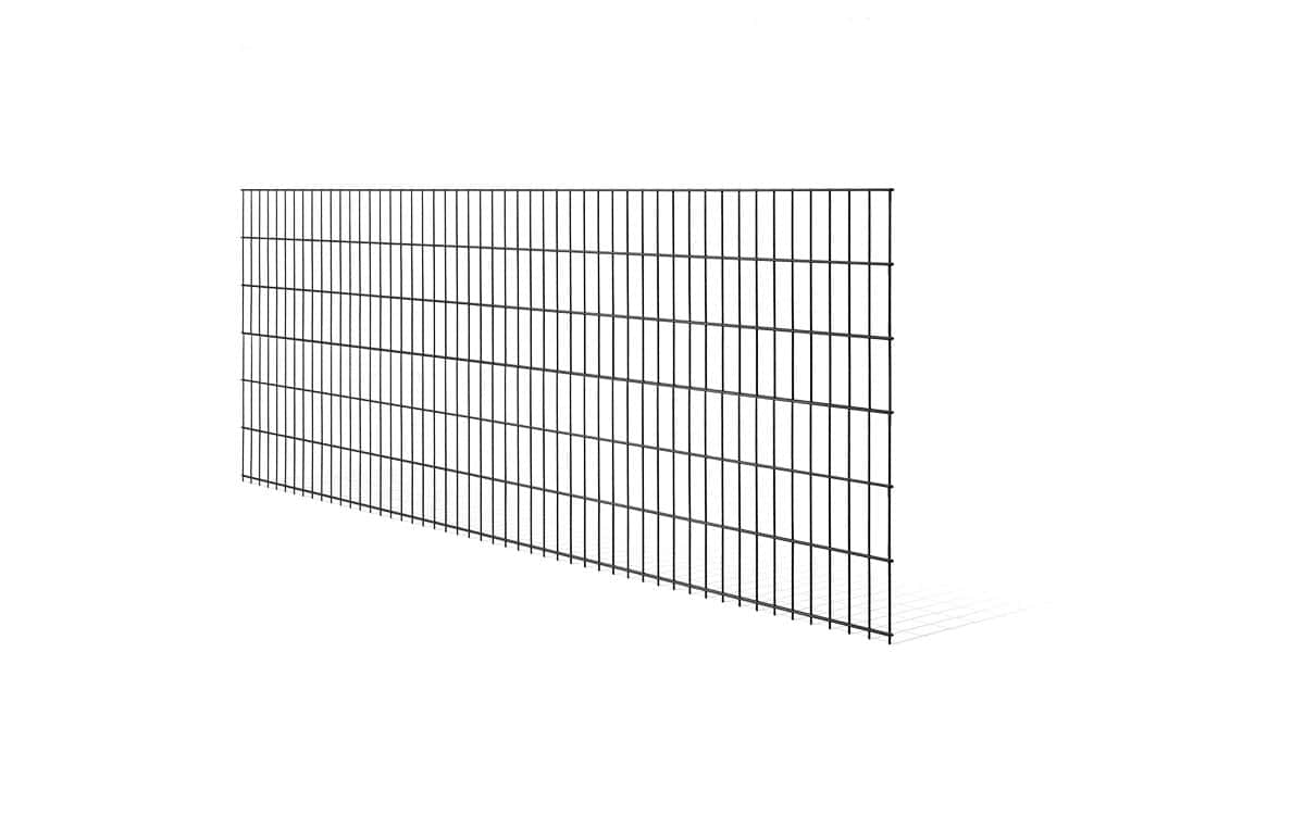 Et sort trådnet panelhegn med et rektangulært gittermønster står på en hvid baggrund. 2D STANDARD panelet, lavet af 6/5/6 mm ledninger, har jævnt fordelte vandrette og lodrette linjer, hvilket skaber dybde og perspektiv i dens lille vinkel.