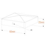 Isometrisk teknisk tegning af en rektangulær kasse toppet med et trekantet prisme, der ligner en Stolpehat Varm galvaniseret stål HDG 80x80mm. Dimensioner: 83 mm bredde, 25 mm højde. En cirkel med en diameter på 5 mm er på den ene side.