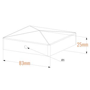 Isometrisk teknisk tegning af en rektangulær kasse toppet med et trekantet prisme, der ligner en Stolpehat Varm galvaniseret stål HDG 80x80mm. Dimensioner: 83 mm bredde, 25 mm højde. En cirkel med en diameter på 5 mm er på den ene side.