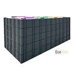 En stor, rektangulær mørkegrå plantekasse med et gittermønster og levende planter, der vokser ovenpå. Ordet "EcoHide" er synligt i lysegrå og grøn tekst, hvilket tyder på, at det er et miljøvenligt produkt. Renovationsskjuler EcoHide Komplet er alsidig nok til også at fungere som en stilfuld skraldespandsskjuler, der passer problemfrit ind i ethvert haverum.