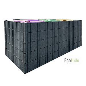 En stor, rektangulær mørkegrå plantekasse med et gittermønster og levende planter, der vokser ovenpå. Ordet "EcoHide" er synligt i lysegrå og grøn tekst, hvilket tyder på, at det er et miljøvenligt produkt. Renovationsskjuler EcoHide Komplet er alsidig nok til også at fungere som en stilfuld skraldespandsskjuler, der passer problemfrit ind i ethvert haverum.