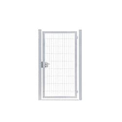 En hvid metal 2D Panellåge med en lodret ramme og et trådnet center. Denne galvaniserede port har en sølvlås på venstre side og har et enkelt, minimalistisk design, ideelt til haver eller boligejendomme. Billedets baggrund er almindelig hvid.
