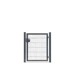 Der er vist en lille firkantet metallåge med et gittermønster i rammen. Denne 2D panellåge er udstyret med en lås i venstre side. Designet er enkelt og moderne, sandsynligvis velegnet til en have eller gård. Portens robuste konstruktion indikerer, at den kan være galvaniseret for øget holdbarhed.