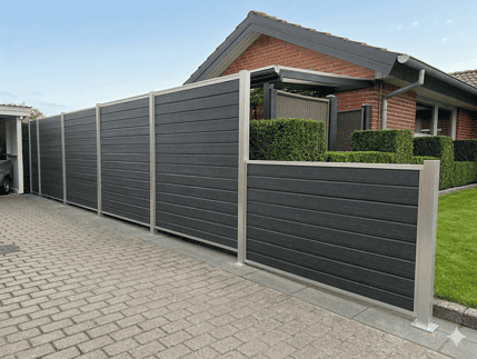 Et moderne hus med rødt murstensfacade og gråt skråtag er delvist omgivet af et højt, mørkegråt hegn med Stålstolpe med fodplade 80x80mm, som står på en asfalteret indkørsel.