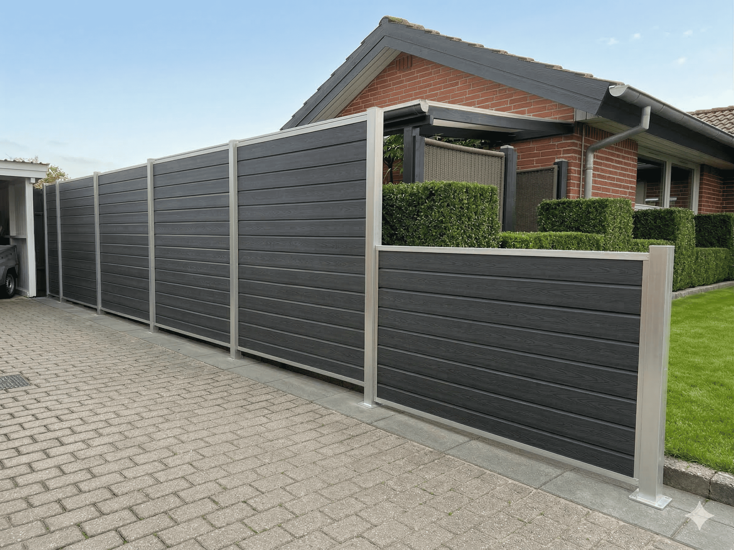 Et moderne hus med rødt murstensfacade og gråt skråtag er delvist omgivet af et højt, mørkegråt hegn med Stålstolpe med fodplade 80x80mm, som står på en asfalteret indkørsel.